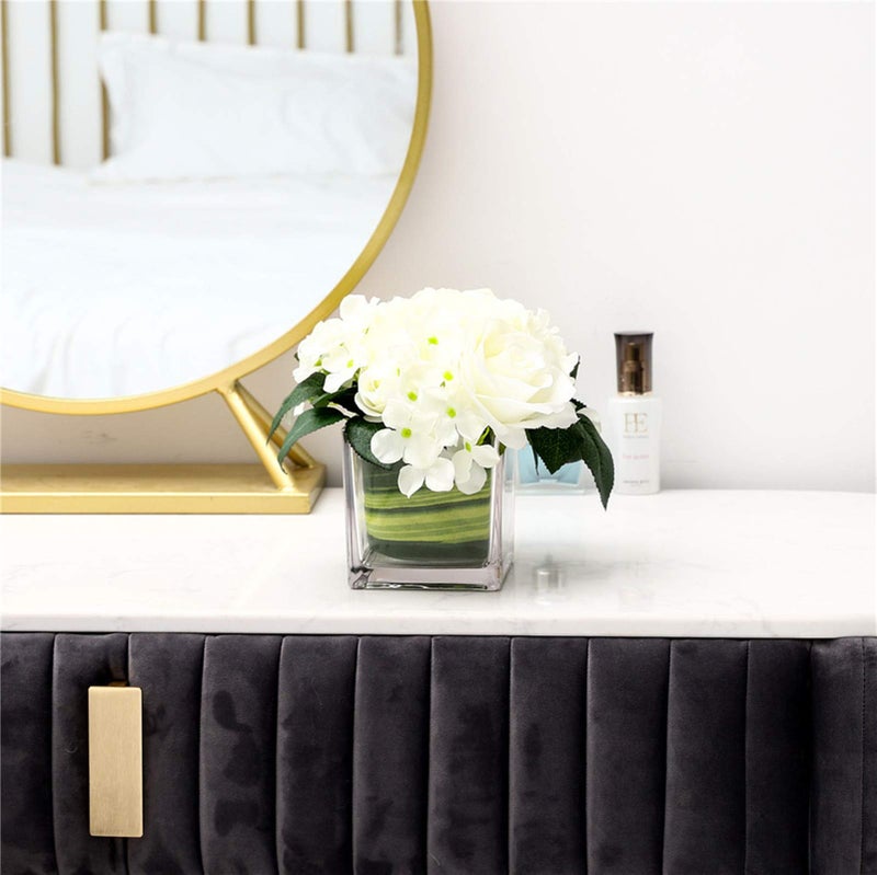 Fule Artificial Silk Rose Flower Centerpiece Arrangement in vase for Home Wedding Decoration (White) - Image 5